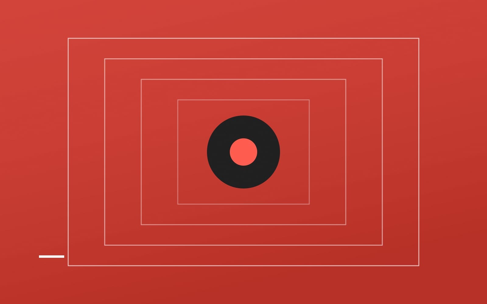 Abstract graphic: nested white outlines around a black-and-red target on a red background