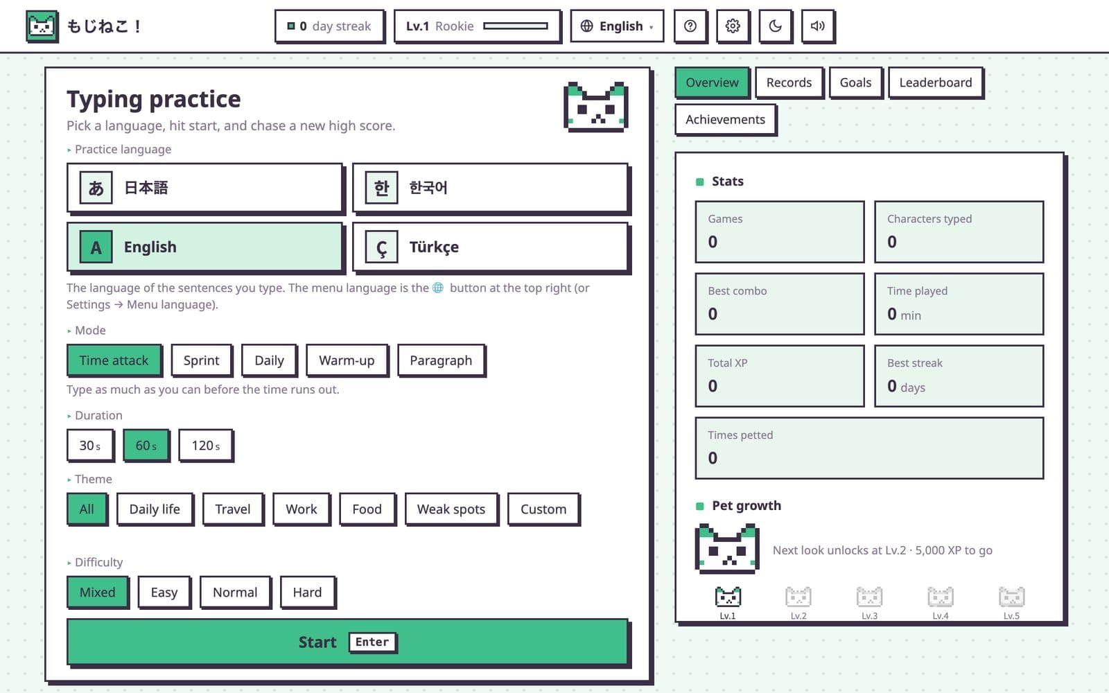 Mojinekoのスタート画面:練習できる4つの言語、ゲームモード、統計情報の横にいるドット絵の猫